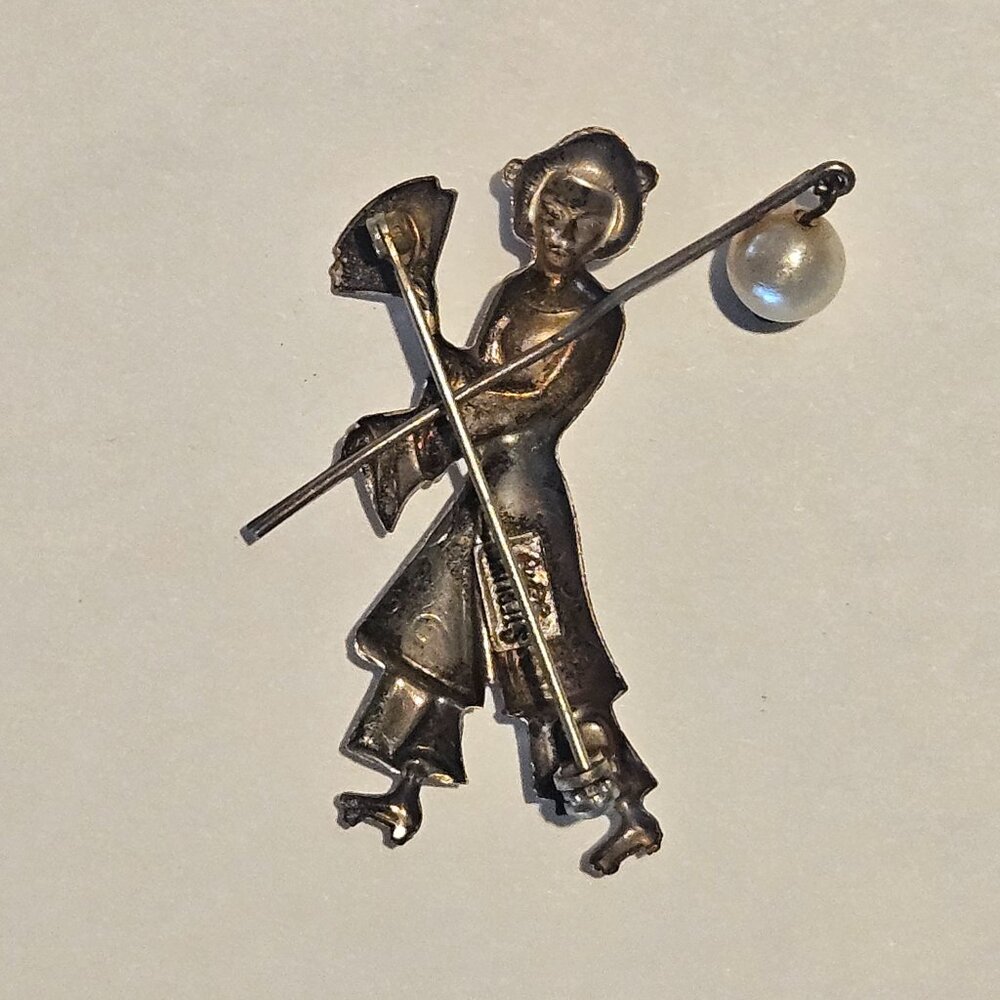 Vintage Designer Lang Sterling Silver Asian Lady Kimono Pearl Brooch Pin 2" - Picture 2 of 2